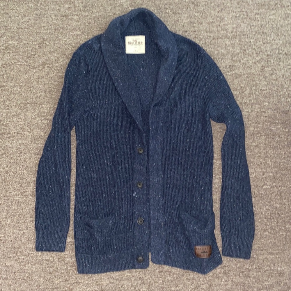 Hollister Men's  Button Front Shawl Collar Cardigan Navy blue sweater Sz L